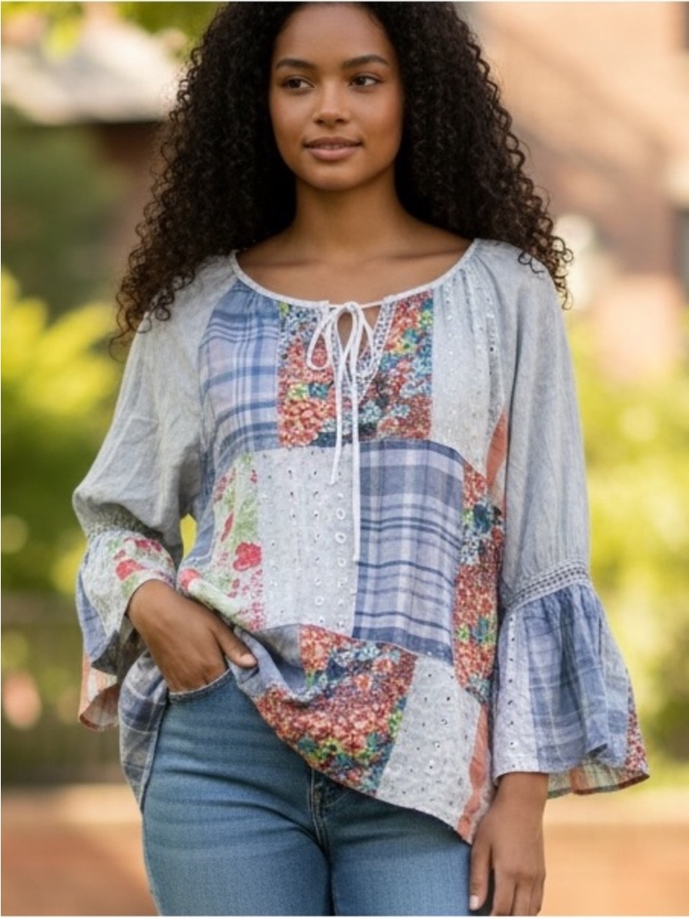 NWT: Young Threads Embroidered Mixed Patchwork Tiered Peasant Tunic Blouse• L